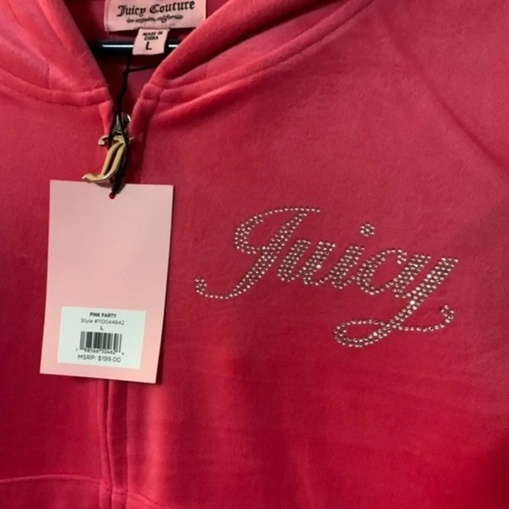 Juicy Couture Pink Velour Tracksuit Hoodie Pants Set Rhinestone‎ Logo Large Y2K